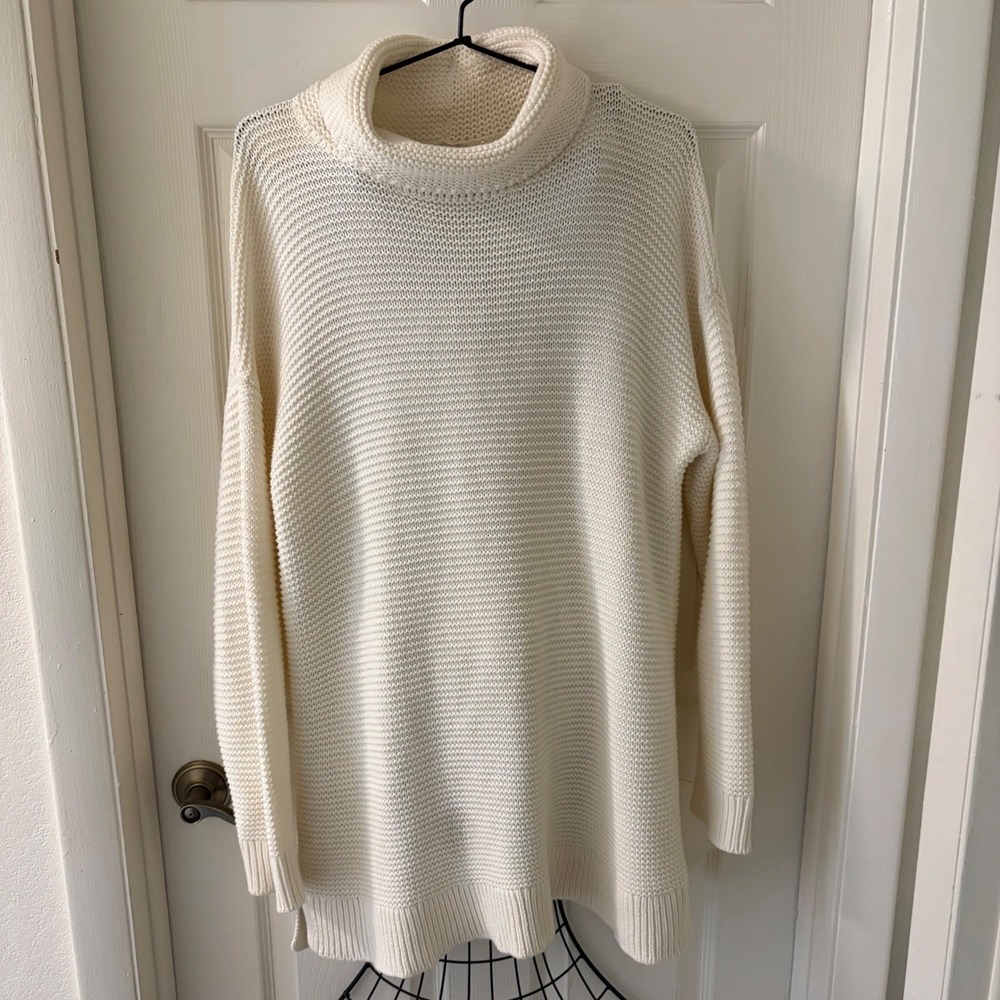 Lands End Womens Cream Ivory Textured Knit Cowl Neck Long Sleeve Tunic Sweater